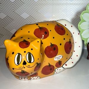 Ganz Piggy Bank Tom Cat Kitty Whimsical Ceramic Coin Signed By Pati Red Tomatoes